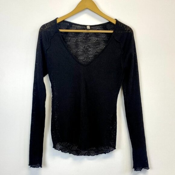 Free People Intimately Black Lace Long Sleeve V Neck - Picture 1 of 11